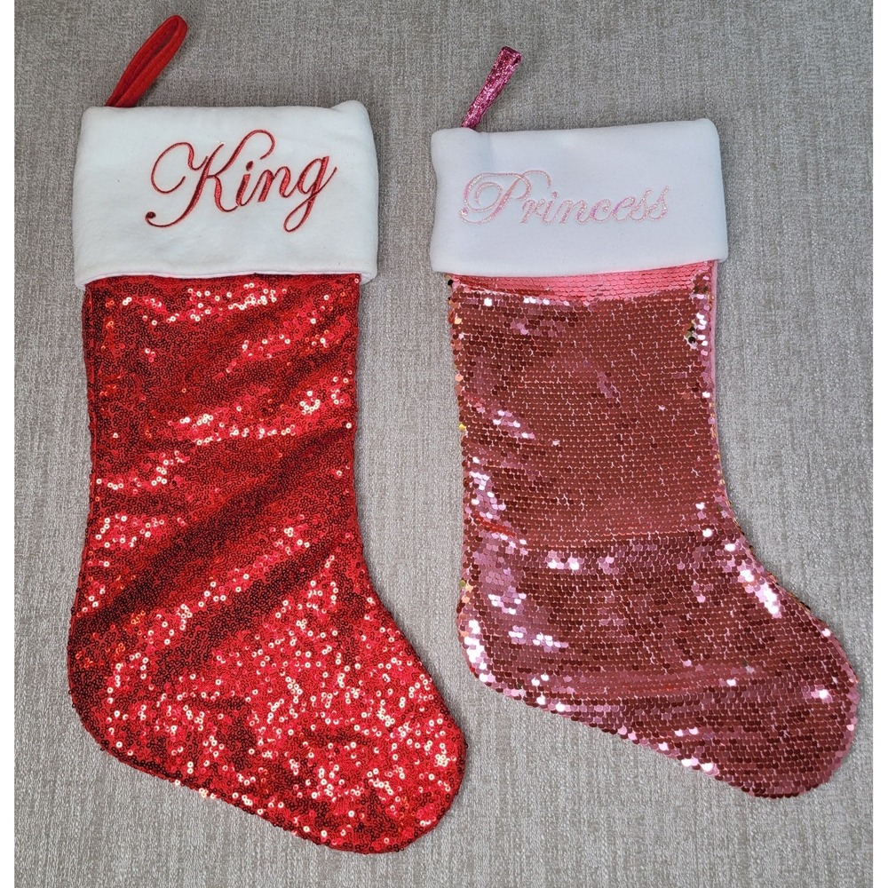2 Hobby Lobby 2020 Red & Pink Sequins King & Princess Christmas Stockings NEW